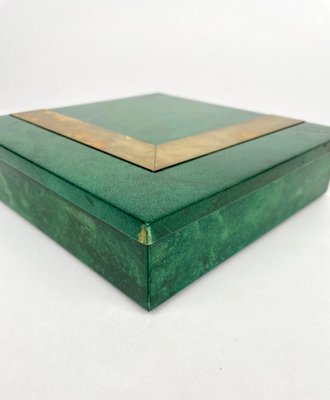 Square Box in Green Goatskin & Brass by Aldo Tura, Italy, 1960s-LYQ-1181988