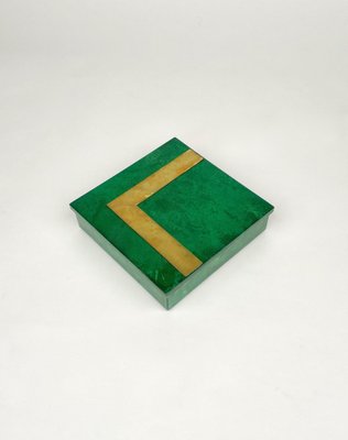 Square Box in Green Goatskin & Brass by Aldo Tura, Italy, 1960s-LYQ-1181988