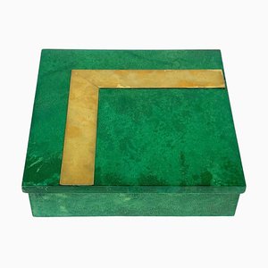 Square Box in Green Goatskin & Brass by Aldo Tura, Italy, 1960s-LYQ-1181988