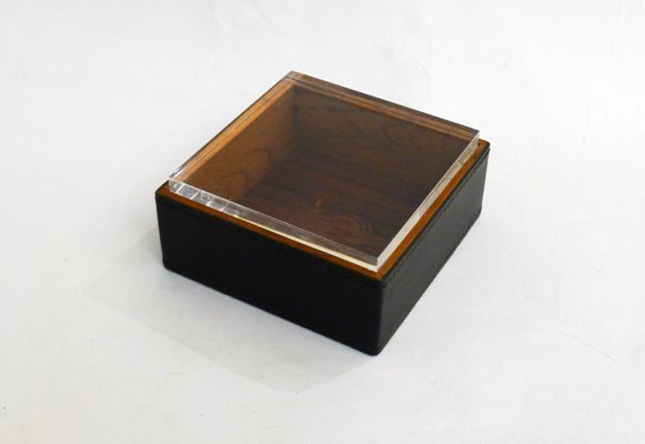 Square Cigarette Box in Wood, Leather & Thick Transparent Acrylic Glass, 1970s-RNR-2041832