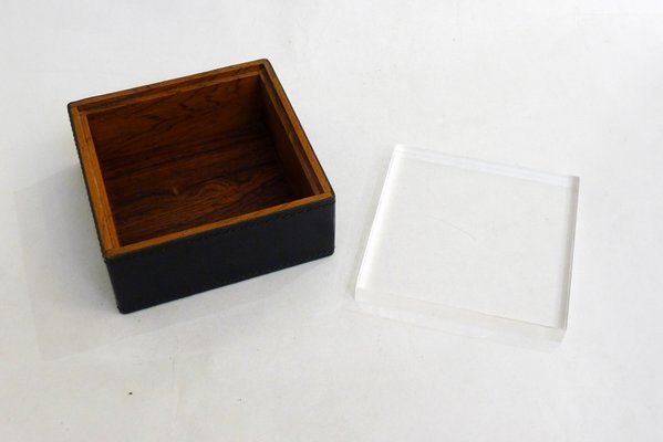 Square Cigarette Box in Wood, Leather & Thick Transparent Acrylic Glass, 1970s-RNR-2041832