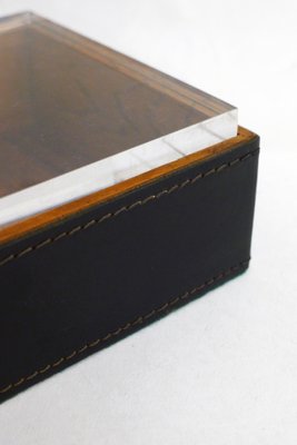 Square Cigarette Box in Wood, Leather & Thick Transparent Acrylic Glass, 1970s-RNR-2041832