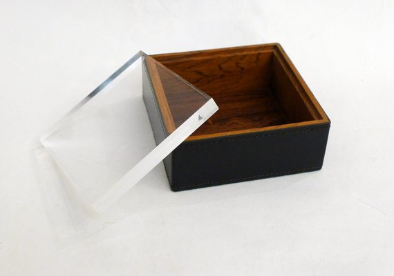 Square Cigarette Box in Wood, Leather & Thick Transparent Acrylic Glass, 1970s-RNR-2041832