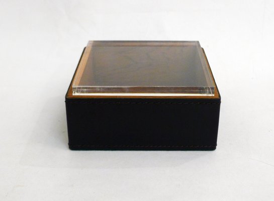 Square Cigarette Box in Wood, Leather & Thick Transparent Acrylic Glass, 1970s-RNR-2041832