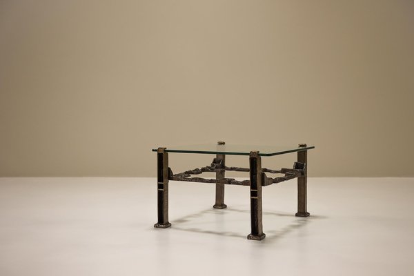 Square Coffee Table in Cast Brass and Glass, Italy, 1960s-UQV-1824266