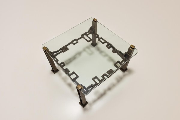 Square Coffee Table in Cast Brass and Glass, Italy, 1960s-UQV-1824266