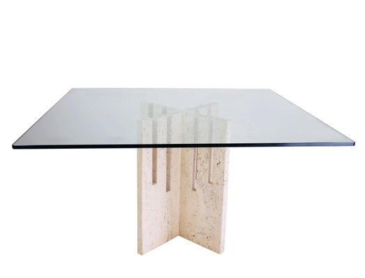 Square Dining Table in Travertine and Glass, Italy, 1970s-NYF-2024136