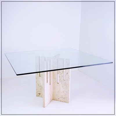 Square Dining Table in Travertine and Glass, Italy, 1970s-NYF-2024136