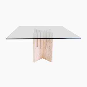 Square Dining Table in Travertine and Glass, Italy, 1970s-NYF-2024136