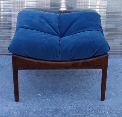 Square Scandinavian Stool with a Rosewood Frame and Blue Fabric Cover, 1960s-HOI-1235735