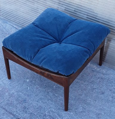 Square Scandinavian Stool with a Rosewood Frame and Blue Fabric Cover, 1960s-HOI-1235735