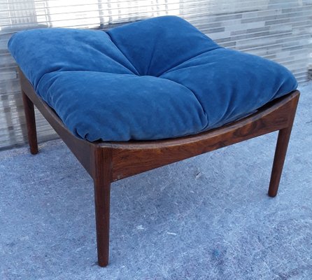 Square Scandinavian Stool with a Rosewood Frame and Blue Fabric Cover, 1960s-HOI-1235735