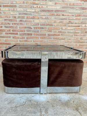 Square Smoked Glass & Steel Coffee or Side Table with 4 Nesting Stools, 1970s, Set of 5-NOU-866312