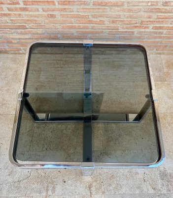 Square Smoked Glass & Steel Coffee or Side Table with 4 Nesting Stools, 1970s, Set of 5-NOU-866312