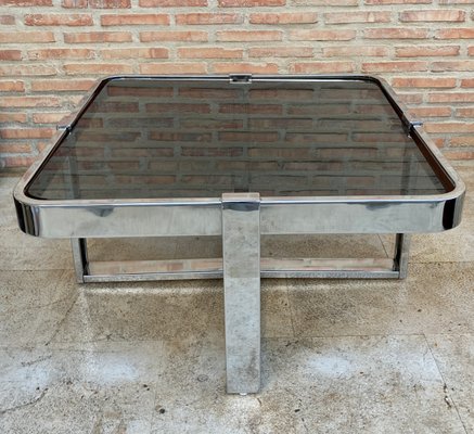 Square Smoked Glass & Steel Coffee or Side Table with 4 Nesting Stools, 1970s, Set of 5-NOU-866312