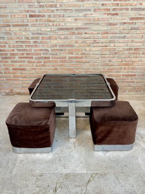 Square Smoked Glass & Steel Coffee or Side Table with 4 Nesting Stools, 1970s, Set of 5-NOU-866312