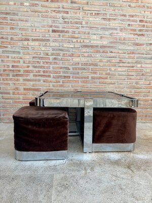 Square Smoked Glass & Steel Coffee or Side Table with 4 Nesting Stools, 1970s, Set of 5-NOU-866312