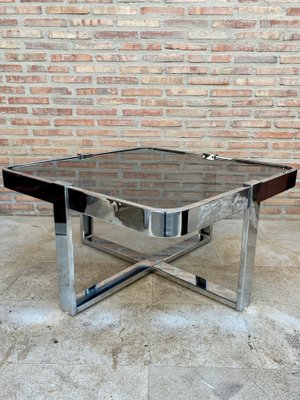 Square Smoked Glass & Steel Coffee or Side Table with 4 Nesting Stools, 1970s, Set of 5-NOU-866312