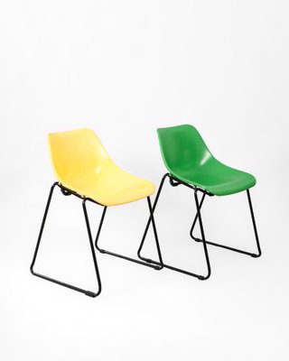 Stackable Green and Yellow Chairs in Iron, 1950s, Set of 4-DIP-1747267