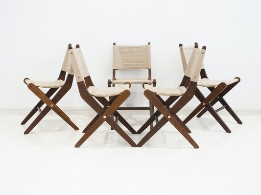 Stained Beech Folding Chairs with Canvas Seat & Backrest from Sorø Stolefabrik, 1960s, Set of 6-ZYF-1370887