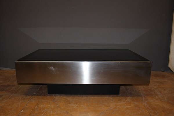 Stainless Steel Coffee Table with Black Glass Slab, 1970s-BCR-1408601