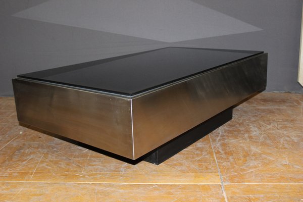 Stainless Steel Coffee Table with Black Glass Slab, 1970s-BCR-1408601