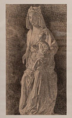 Statue of Virgin and Child, Early 20th Century, Charcoal Drawing, Framed-QKG-1765008