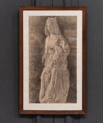 Statue of Virgin and Child, Early 20th Century, Charcoal Drawing, Framed-QKG-1765008