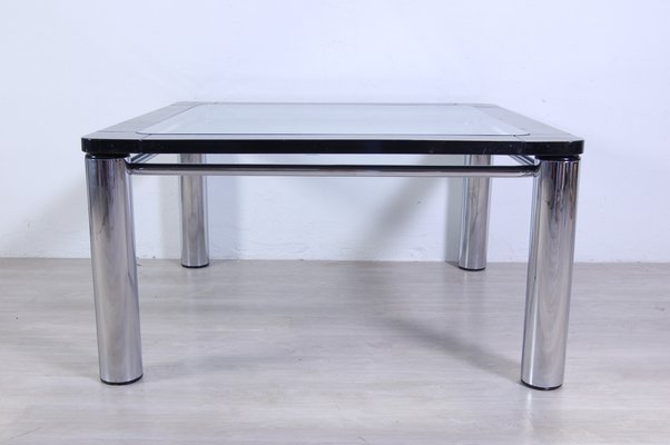 Steel and Black Enameled Wood Square Table, 1970s-XSG-1383890