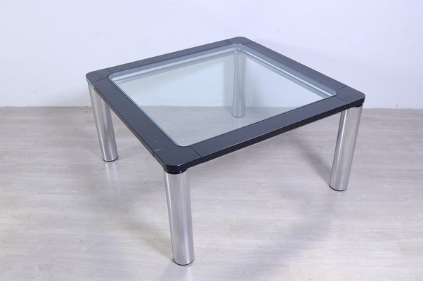 Steel and Black Enameled Wood Square Table, 1970s-XSG-1383890