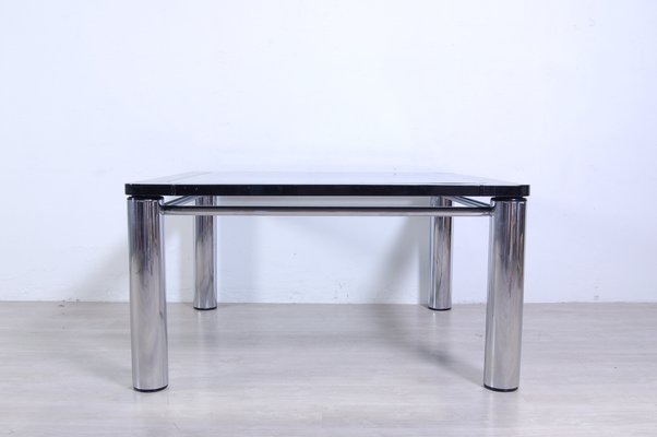 Steel and Black Enameled Wood Square Table, 1970s-XSG-1383890