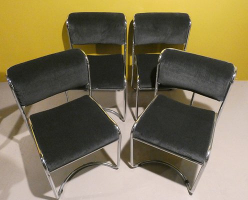 Steel and Gray Velvet Dining Chairs, Italy, 1970s, Set of 4-ERB-1750213