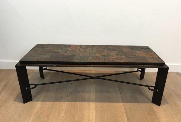 Steel and Iron Coffee Table with Lava Stone Top, 1940s-BA-658572