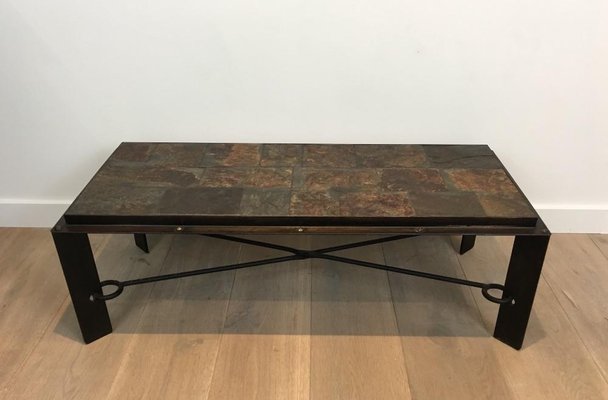 Steel and Iron Coffee Table with Lava Stone Top, 1940s-BA-658572