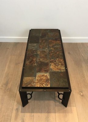 Steel and Iron Coffee Table with Lava Stone Top, 1940s-BA-658572