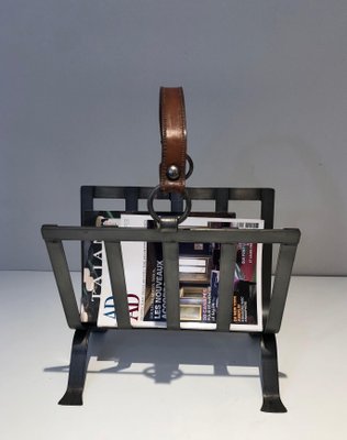 Steel and Leather Magazine Rack, 1950s-BA-1589325