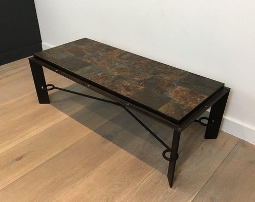 Steel and Wrought Iron Coffee Table with Lava Stone Tray-BA-1365607