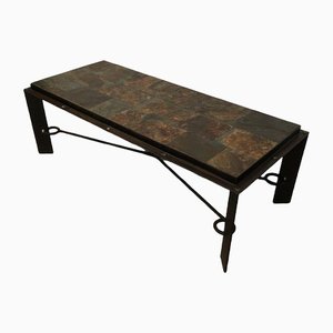 Steel and Wrought Iron Coffee Table with Lava Stone Tray-BA-1365607