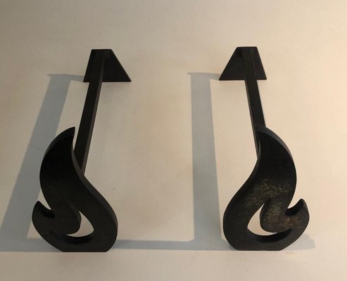 Steel and Wrought Iron Flame Andirons, France, 1970s, Set of 2-BA-873980