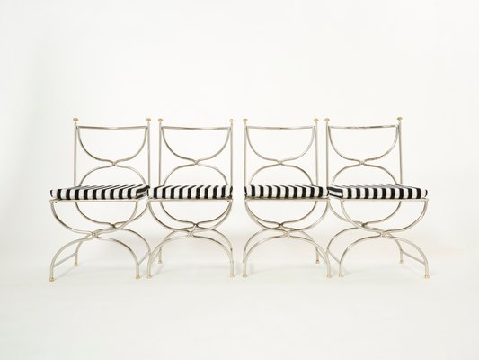 Steel Brass & Velvet Curule Chairs by Maison Jansen, 1960s, Set of 12-YJA-1081969