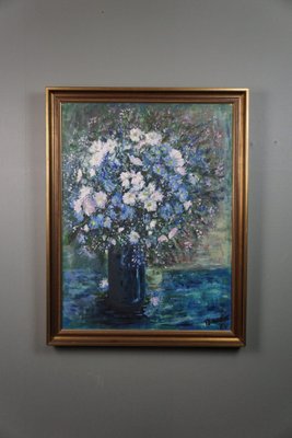 Still Life of a Vase with Blue and White Flowers, Oil Painting, Framed-HPP-1738353