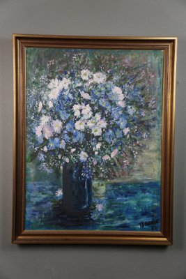 Still Life of a Vase with Blue and White Flowers, Oil Painting, Framed-HPP-1738353