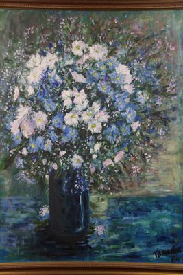 Still Life of a Vase with Blue and White Flowers, Oil Painting, Framed-HPP-1738353