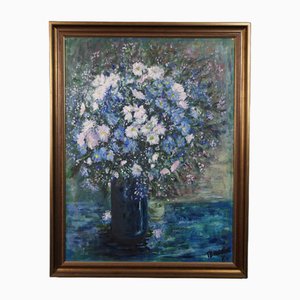 Still Life of a Vase with Blue and White Flowers, Oil Painting, Framed-HPP-1738353