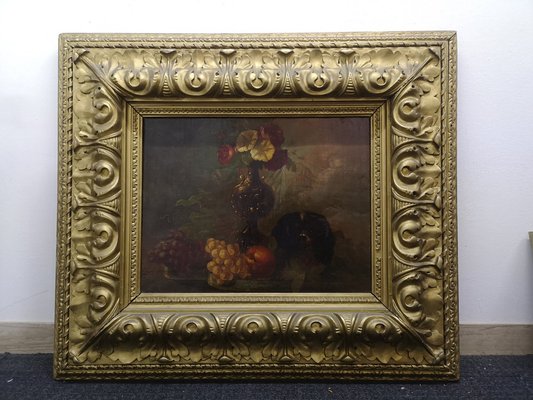 Still Life Painting with a Small Dog, Late 19th Century, Oil on Canvas, Framed-UWE-1355272