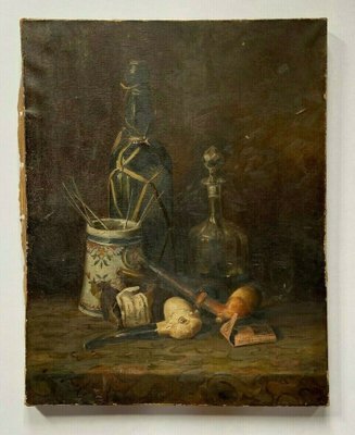 Still Life Painting with Pipe & Carafe, 19th-century, Oil on Canvas-QKG-1372220