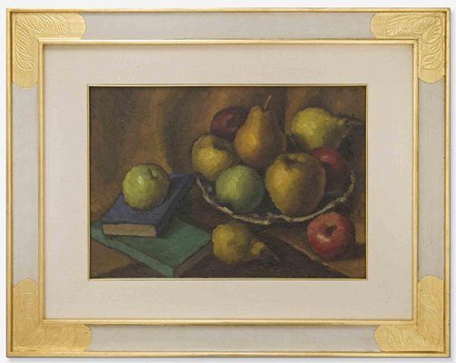 Still Life with Books and Pears, Oil Painting, Mid-20th Century-ZCI-2029835