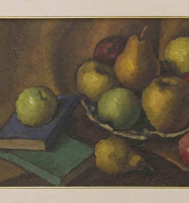 Still Life with Books and Pears, Oil Painting, Mid-20th Century-ZCI-2029835