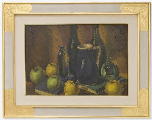 Still Life with Bottles and Books, Oil Painting, Mid-20th Century-ZCI-2029836