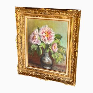 Still Life with Flowers, 20th Century, Oil on Cardboard, Framed-QKG-1354668